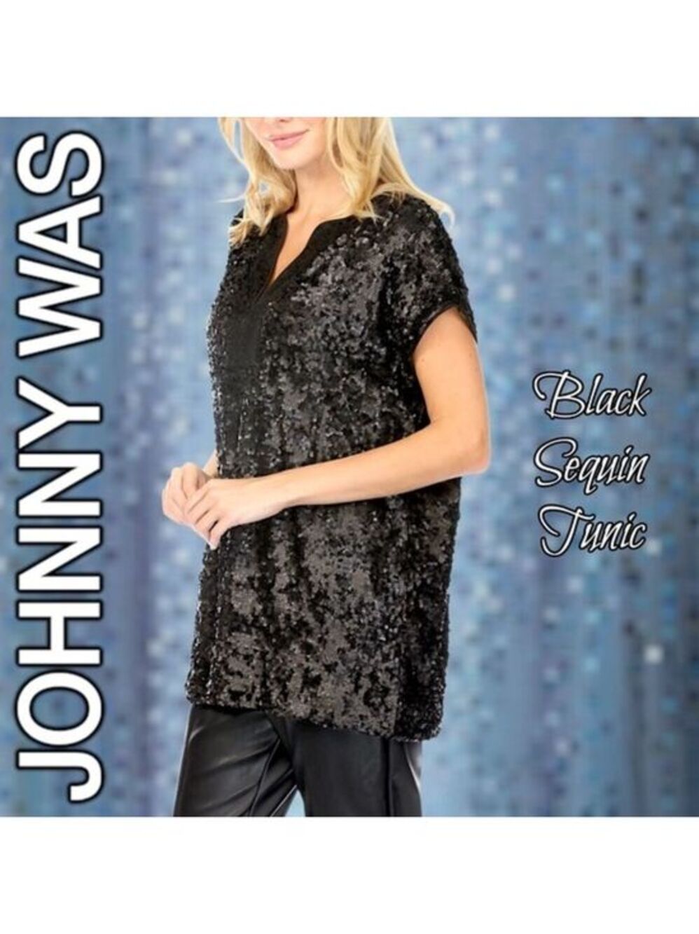 JOHNNY WAS Rena BLACK V-Neck Short Sleeve Fully-Lined Sequined Tunic Top NWT/SM